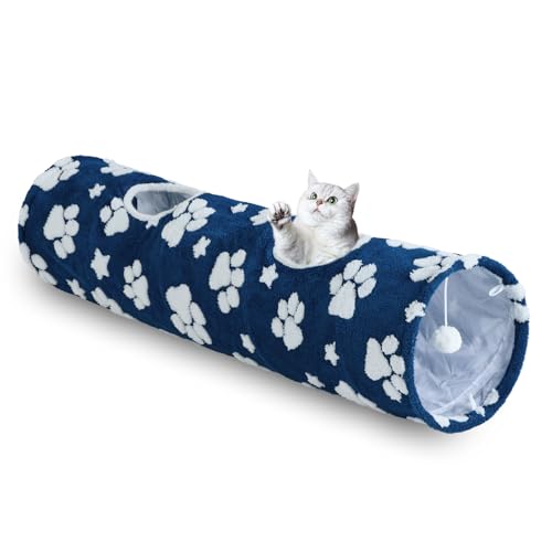 Straight Cat Tunnel for Indoor Cats 47"x12" (Blue Paw / Straight)