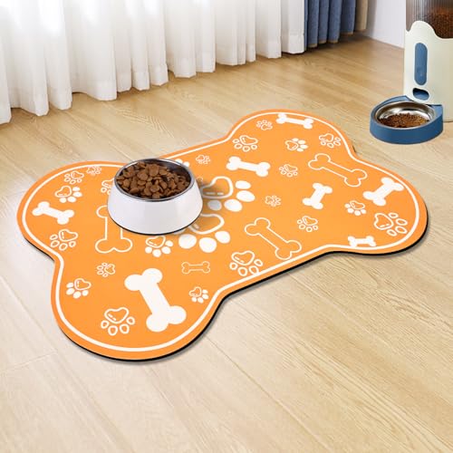 Dog Cat Mat for Food and Water (24"L x 16"W / Bone Shaped Orange)
