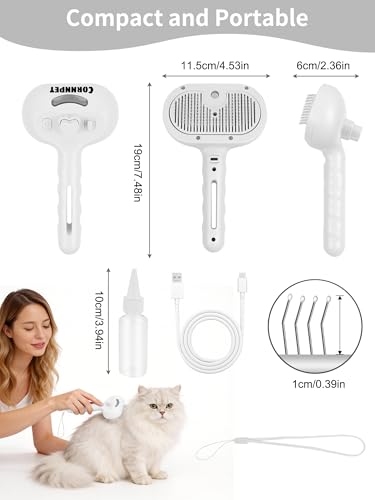 3 in 1 Dog Steam Brush with Storage Rope for Reducing Flying Fur & Static (White)