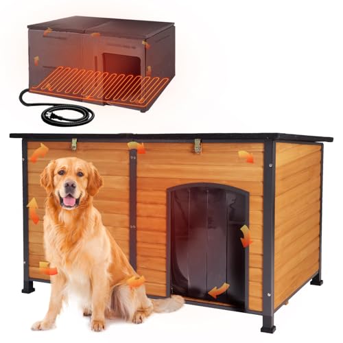 59.1" Extra Large Heated Dog House with Electric Heating Pad (59.1"Brown(Heating pad))