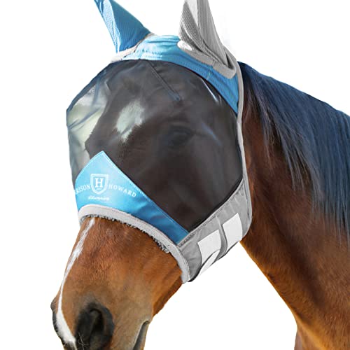 Pro Luminous Horse Fly Mask Standard with Ears UV Protection for Horse Azure Blue (Azure Blue/Silver / X-Large (Warmblood))