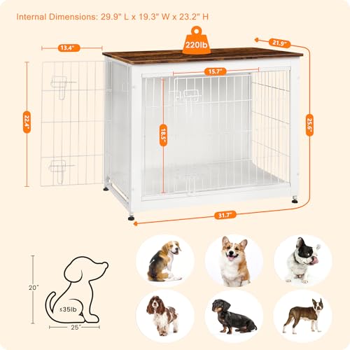 32.5" Dog Crate Furniture with Cushion (White+Rustic Brown / 32.5"L x 21.9"W x 25.6"H)