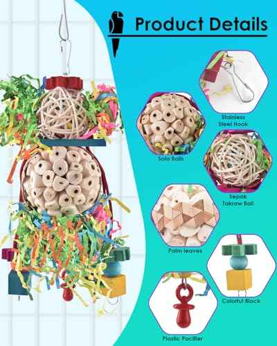 2PCS Bird Parrot Foraging Shredder Hanging Toys Sola Balls Sepak Takraw with Pacifier for Small Parrots Parakeets Conures Cockatiels Love Birds Cage Toy (2 PCS)
