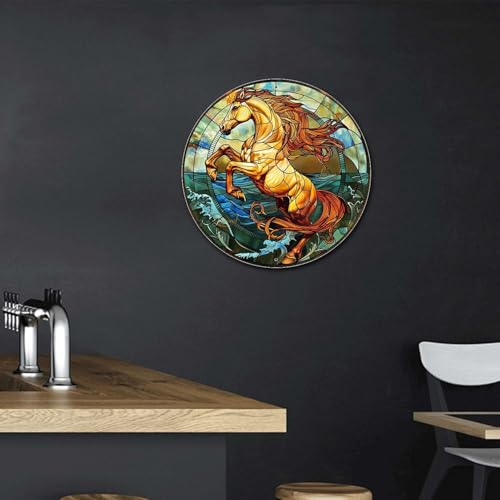 Metal Sign Tin Sign Circular Stained Glass Horse Funny Outdoor Decor for Bar 12×12 Inches (12×12 Inches / Horse-2)