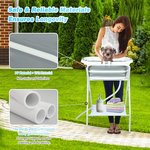2 in 1 Collapsible Elevated Dog Bathtub Station with Drain Collar (With Elevated Stand)