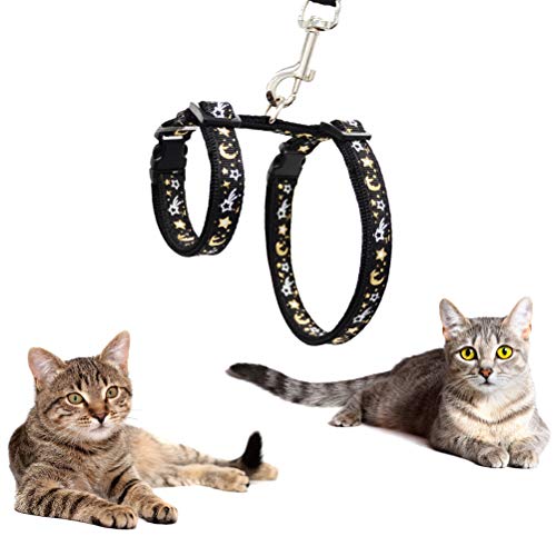 Cat Harness and Leash Set for Outdoor Walking Escape Proof Adjustable Soft Safety Strap with Golden Star and Moon Design Glow in The Dark Black XL (Black / XL)