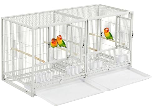 Combo Sturdy Wrought Iron Stacker Center Divided Breeder Breeding Bird Flight Double Cage Side Nest Box Doors for Aviaries Canaries Cockatiels Lovebirds Finches Budgies Small Parrots One Stacker (White Vein)