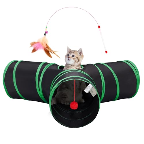 Cat Tunnel, 3-Way Collapsible Toy for Indoor Cats, Black & Green (Black & Green / Small)