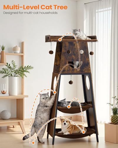 56in Modern Wood Cat Tree Tower for Indoor Cats with Hammock (Rustic Brown4 / 56 Inches)