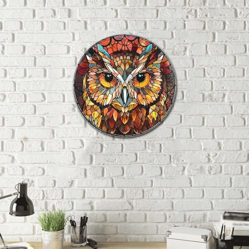 Metal Sign Tin Sign Circular Stained Glass Owl Metal Garden Signs for Garden 12×12 Inches (12×12 Inches / Owl-2)