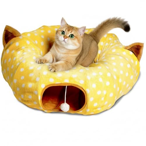 Cat Donut Tunnel with Bed for Kitten Puppy Rabbit Ferret (Yellow)