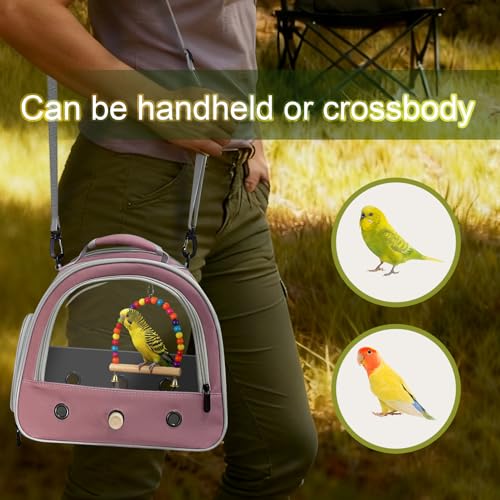Portable Parrot Travel Cage Carrier with Small Swing Toy&Cage Colorful Toys Set Small Bird Parakeet Bag with Standing Perch Bird Carry Transport Bag (Pink / 12.0"L x 7.0"W x 12.0"H)