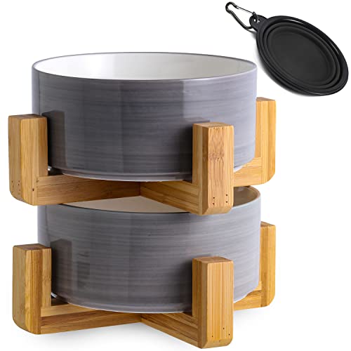 Ceramic Cat Dog Bowl Set with Stand (Grey White / Medium Size Dog Bowls 850ML*2)