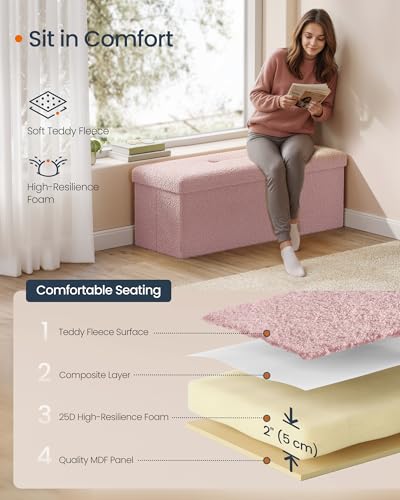 Large Folding Storage Ottoman Bench (Jelly Pink / 15"D x 43"W x 15"H / Cosy)