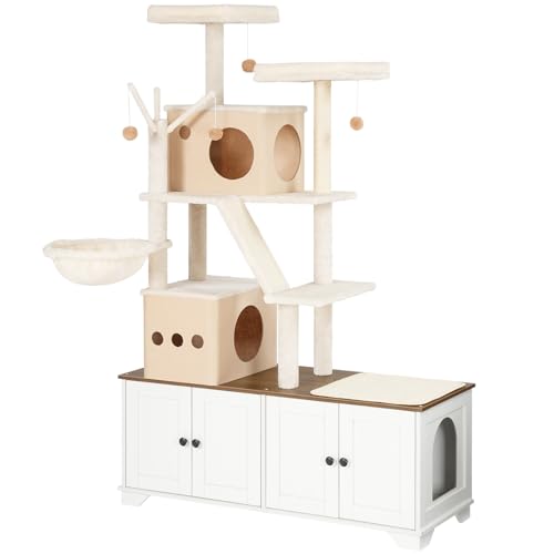 Double Litter Box Enclosure with Cat Tree (White)
