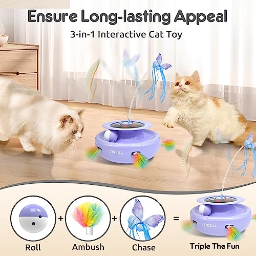 Cat Toy, 3-in-1 Automatic Interactive Electronic Moving Ambush Feather, Fluttering Butterfly, Track Balls, USB Rechargeable Powered Smart Indoor Exercise Kicker (Purple)