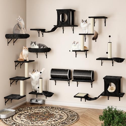 14-in-1 Cat Wall Shelves, Wall-Mounted Cat Climber Set, Black (Black)