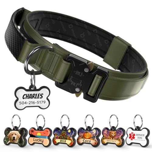 Personalized Dog Collar for Large Dogs with Custom Photo Name (Army Green / L: Fits Neck 17.5"-21.5")