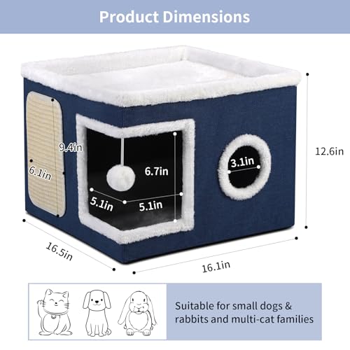 Cat House Bed for Indoor Cats with Fluffy Ball and Scratch Pad Blue (Blue / Large)