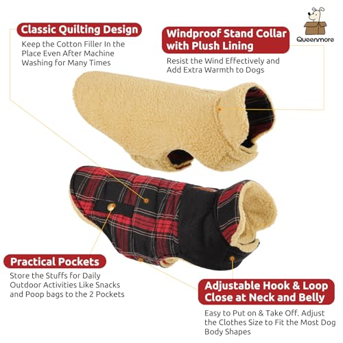 Plaid Dog Winter Coat Waterproof Cold Weather Warm Puffer Jacket (X-Small / Red-Black Plaid)