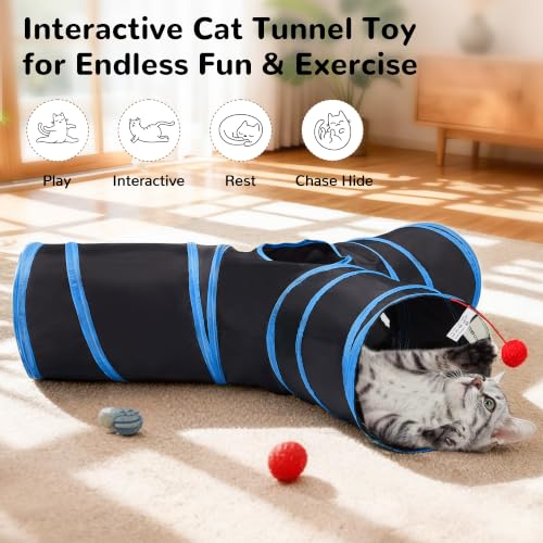 Cat Tunnel, 3-Way Collapsible Toy, Large Size Black & Royal Blue (Black & Royal Blue / Large)