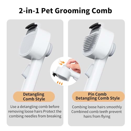2-in-1 Cat Grooming Brush, Cat Brushes with Release Button & Deshedding Dematting Rake, Grooming Comb Tool for for Long or Short Haired Pets, Reduce Shedding, Remove Knots and Massage, White