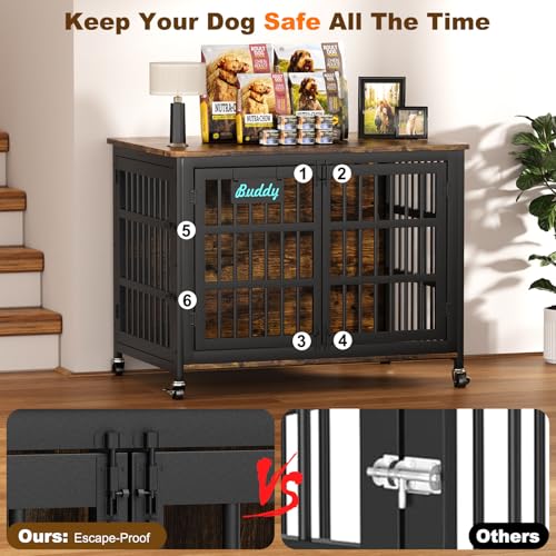 42"/41"/33" Dog Crate Furniture with Name Tag, XL Heavy Duty Dog Kennel Indoor for Large and Medium Dogs, Double-Doors Sturdy Dog Cage for Anxiety Dog, Decorate House as TV Stand (42.1"L x 29.3"W x 31.2"H / Brown)