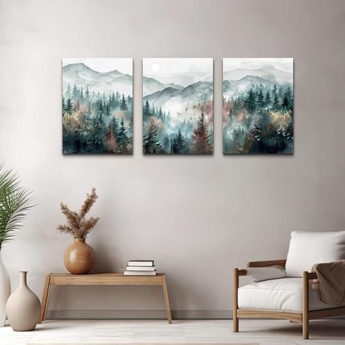 Wall Art For Living Room Farmhouse Decor For Bedroom Office Fog Forest Mountain Landscape Watercolour Paintings Artwork Ready To Hang Home Decorations 3 Piece (16x24inches*3pcs / Foggy Forest Trees Landscape Pictures)