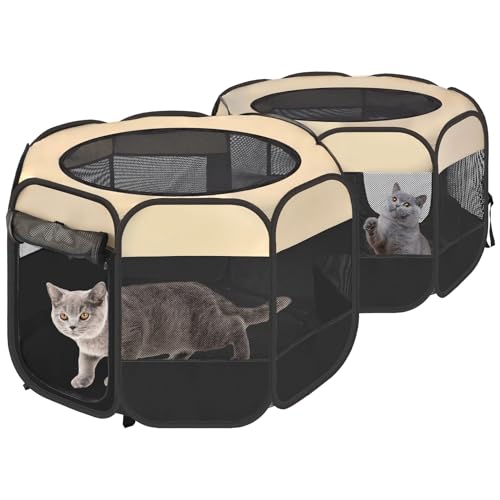 2-in-1 Pop Up Dog Playpen Cat Pet Puppy Playpen, Non-Detachable (Beige / 55.2"L x 27.6"W x 17"H)