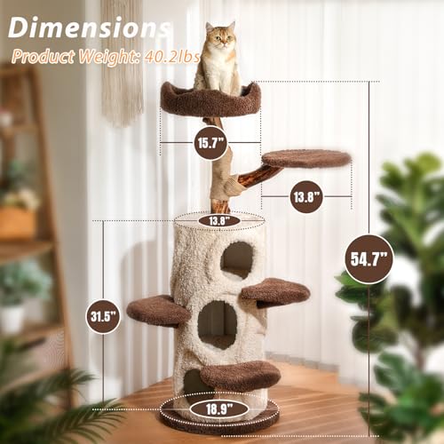 54.7'' Cat Tree Tower for Indoor Cats with 3 Condos (54.7-inch Forest Brown)