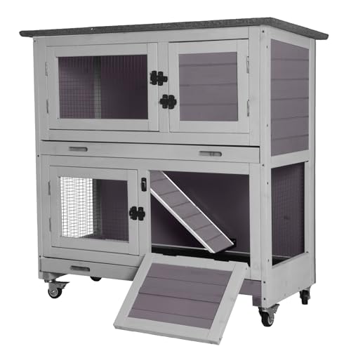 Rabbit Hutch Indoor Mobile Outdoor Bunny Cage with Openable Middle Door (Grey / 36.0"L x 17.7"W x 36.4"H)