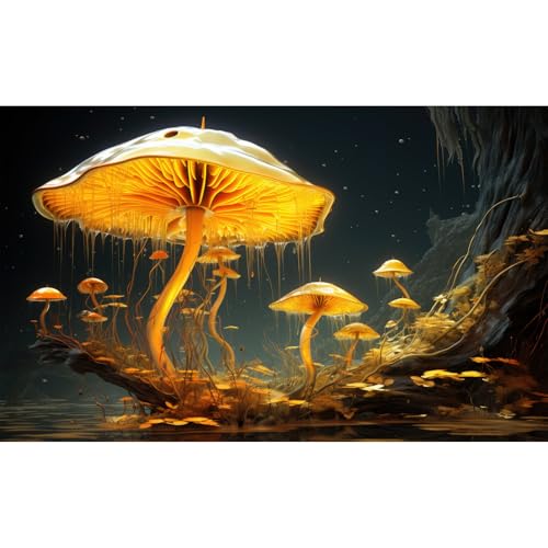 Fantasy Mushrooms Aquarium Background Fantasy Mushroom in Magical Enchanted Fairy Tale Stream Reptile Tank Enclosure Terrarium Backgrounds Mushroom Theme Landscape Fish Tank Backgrounds 24x16in (24(W)x16(H)in / Yellow)