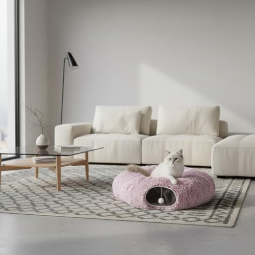 Plush Cat Tunnel Bed for Indoor Cats (Rosiness)