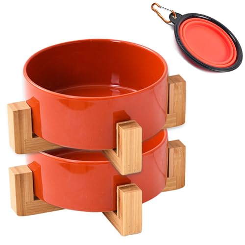 Ceramic Dog Bowl Set with Stand (Rust Red / Puppy/Small Size Dogs & Cat Bowls 400ML*2)