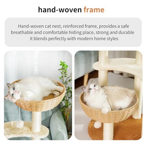 55.5 Inch Modern Cat Tree for Large Cats with Woven Basket Beds (3)