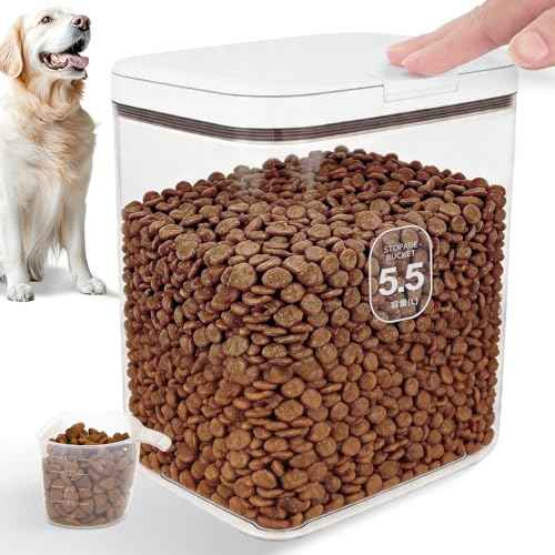 5-7Lbs/5.81Qt/5.5L Airtight Dog Cat Food Storage Container and Pet Storage Bin BPA-Free. PET Clear Stackable Dog Treat Containers for Pet Food/Rice/Dry/Cereals/Flour/Sugar/Bread (White-5.5L-C)