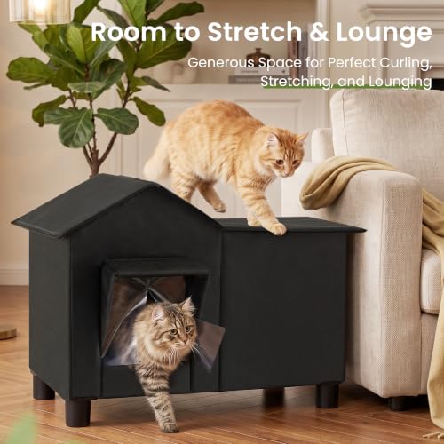 Outdoor Cat House Weatherproof Elevated Cat Bed (Black / L)