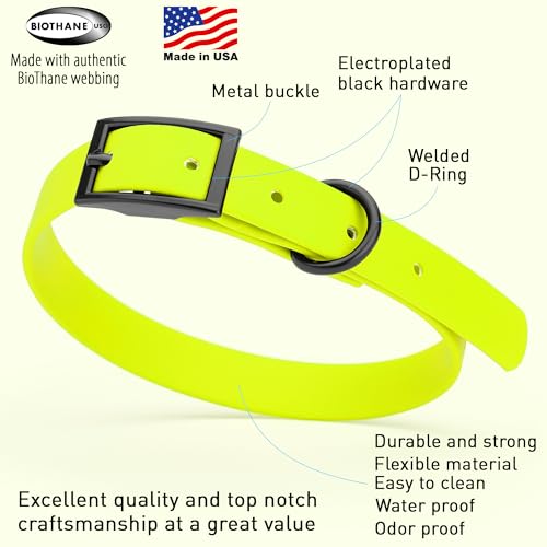 Biothane Waterproof Dog Collar Strong Coated Nylon Webbing with Black Hardware Odor (W5/8" x L12-15" / Safety Yellow)