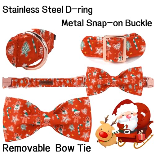 Christmas Day Dog Collar with Bow Red Gingerbred Cotton Puppy Collars for Small Medium Large Dogs (Extra Small / Green hat gingerbread bow)