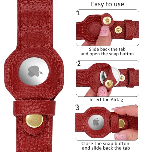 Leather Airtag Dog Collar (Red / M, 14"-18" Neck Fit)