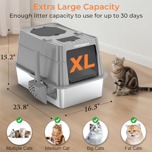XL Stainless Steel Cat Litter Box with 110° Flip