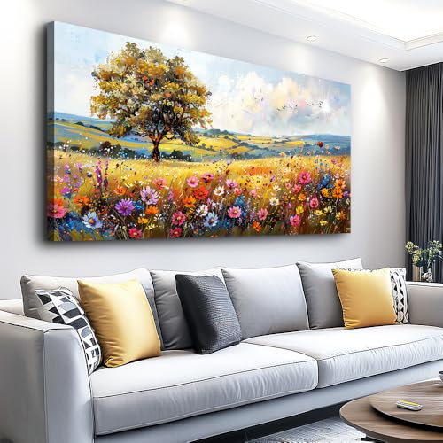 Large Wall Art For Bedroom Canvas Wall Decor For Living Room Office Decorations Flower Scenery Watercolour Wall Paintings Field Pictures Artwork Aesthetic Room Home Decor Hang Easy (48"L x 24"W / Field Landscape)