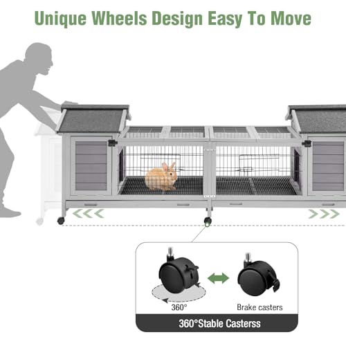 Wooden Rabbit Hutch with Wheels (Grey / 22.8"L x 80.1"W x 28.6"H)