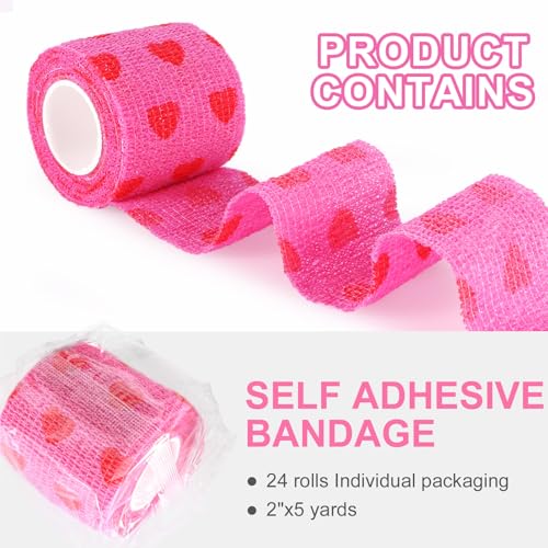 24 Pack Self Adhesive Vet Wrap & Medical Tape (Pink Heart / 2 Inch)