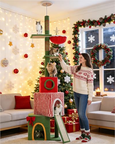 83 108'' Floor to Ceiling Cat Tree for Large Adult Cats (L(82''-108'') / Xmas Red)