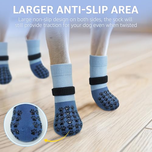Anti Slip Dog Socks to Prevent Licking Paws for Hardwood Floors (Two Color-Blue / Large (4 Count))