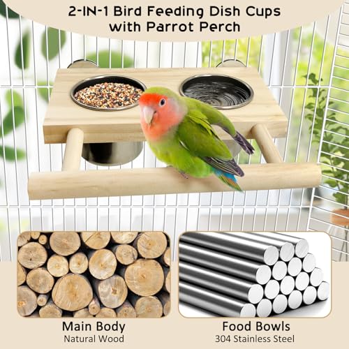Bird Feeding Dish Cups with Wooden Platform Hanging Stainless Steel Parrot Cage Feeder Bowl Wood Perch Stand for Parakeet Cockatiels Lovebirds Budgie (Small)