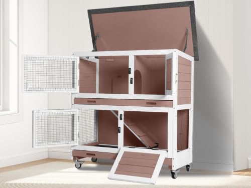 2 Tier Rabbit Hutch Indoor Bunny Cage with Wheels for Small Animals (Beige)