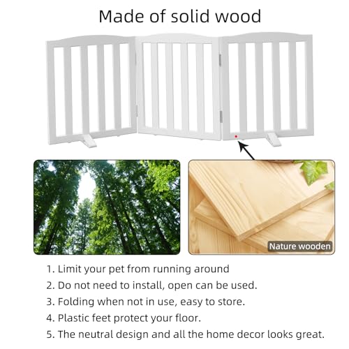 Foldable Freestanding Indoor Dog Gate for House Wood White Long Pet Gates Dog Fence for Stairs Puppy Gates for Hallways (White / 【3 Panels】60''w X 24''h)