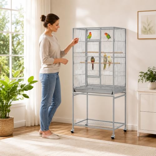 Metal Large Bird Cage Parrot Parakeet Cage w (Light Gray)